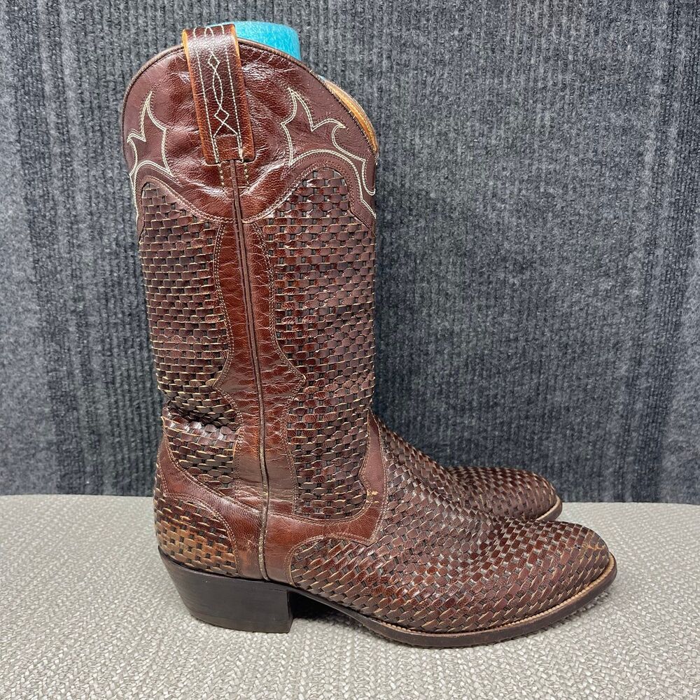 Dan Post Basketweave Woven Leather Western Cowboy Boots Brown Mens 12 VTG